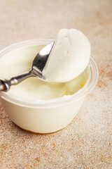 Yogurt or skyr natural dairy lactose free natural product tasty snack fresh delicious gourmet food background on the table rustic top view copy space