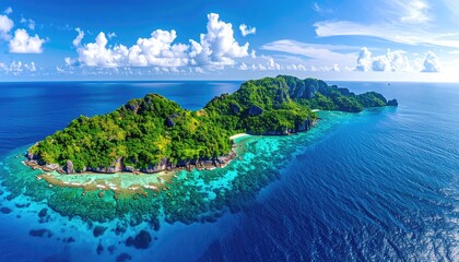 Obraz premium Lush Green Tropical Island Paradise Surrounded by Crystal Clear Turquoise Ocean Waters Under a Brilliant Blue Sky with Scattered White Clouds