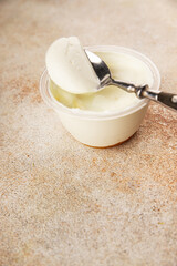 Yogurt or skyr natural dairy lactose free natural product tasty snack fresh delicious gourmet food background on the table rustic top view copy space