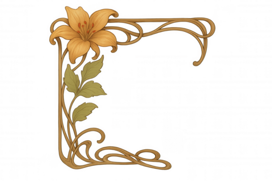 Art nouveau decorative corner frame featuring a delicate lily flower and organic swirling botanical patterns