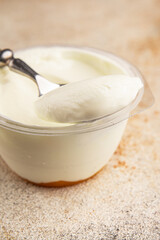 Yogurt or skyr natural dairy lactose free natural product tasty snack fresh delicious gourmet food background on the table rustic top view copy space