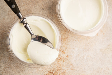 Yogurt or skyr natural dairy lactose free natural product tasty snack fresh delicious gourmet food background on the table rustic top view copy space