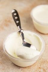 Yogurt or skyr natural dairy lactose free natural product tasty snack fresh delicious gourmet food background on the table rustic top view copy space