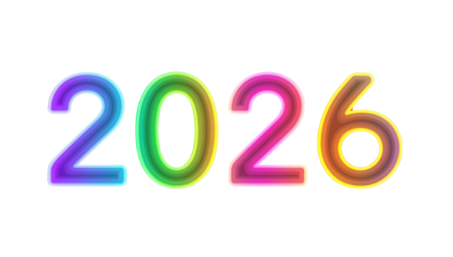 Vibrant spectral luminous 2026 digits on an isolating clear stage with an unique charm