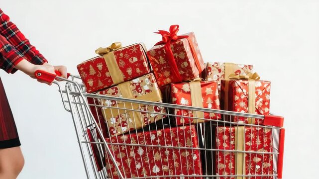 Person pushing a shopping cart full of christmas presents isolated on white background, ready for the holidays