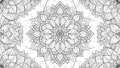 A symmetrical, detailed, grayscale floral design, forming a central mandala surrounded by partial, similar motifs. Complex petals fill the space