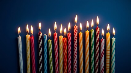 Colorful patterned candles glowing softly, arranged beautifully against a deep blue backdrop.