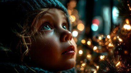 Little girl gazing in awe at glowing Christmas tree lights at night, bundled up in cozy winter clothes, perfect for holiday ad, festive blog header