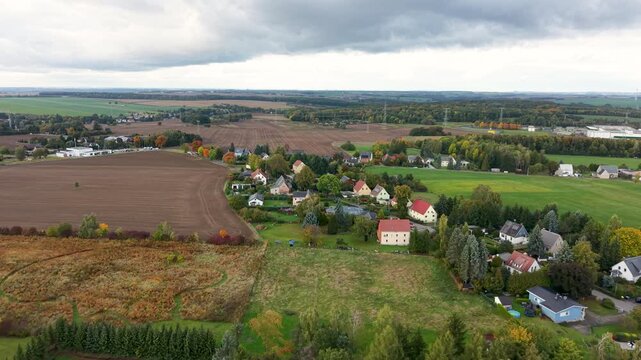 Aerial Freiberg Germany homes village. City center rural travel in eastern Germany. Historical buildings and landmarks. Urban historic center of East Germany. Total destruction in WW II.