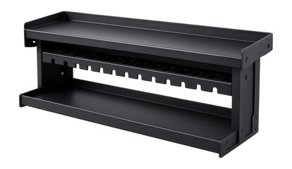 Industrial metal tabletop shelf perfect for organizing tools at a garage workbench.