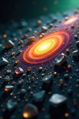 Fototapeta premium Shattered Glass Nebula A high resolution, macro photograph of shattered, iridescent glass fragments suspended in a vibrant, swirling nebula. The glass has sharp edges and reflects multiple colors. The