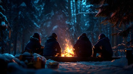 Group of friends sitting around campfire in snowy forest at dusk, perfect for winter stories, outdoor adventure blogs