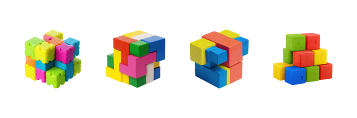 Colorful Interlocking Puzzle Cubes Set. Creative Brain Teaser Toys Collection Isolated On Transparent Background