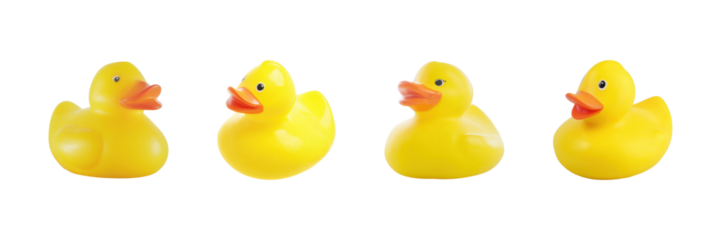 Yellow Rubber Duck Toys Set. Bath Time Fun And Playful Decor Collection Isolated On Transparent Background