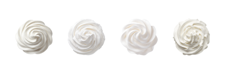 Whipped Cream Swirl Designs Set. Dessert Topping And Culinary Decoration Collection Isolated On Transparent Background