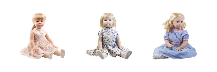 Three Vintage Porcelain Dolls In Floral Dresses Set. Collectible Doll Collection Isolated On Transparent Background