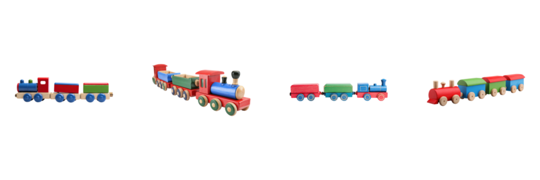 Colorful Wooden Toy Trains Set. Children'S Educational Play Collection Isolated On Transparent Background