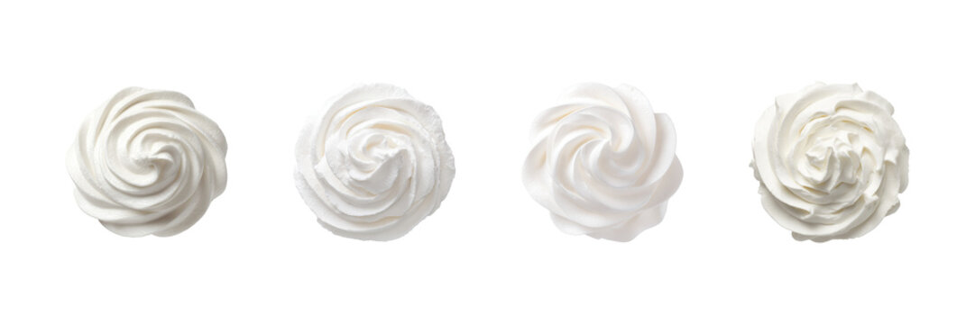 Whipped Cream Swirl Designs Set. Dessert Topping And Culinary Decoration Collection Isolated On Transparent Background