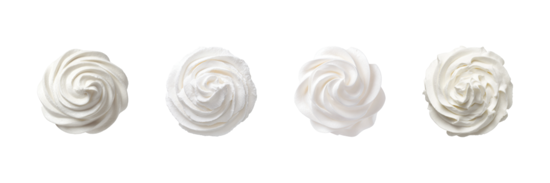Whipped Cream Swirl Designs Set. Dessert Topping And Culinary Decoration Collection Isolated On Transparent Background