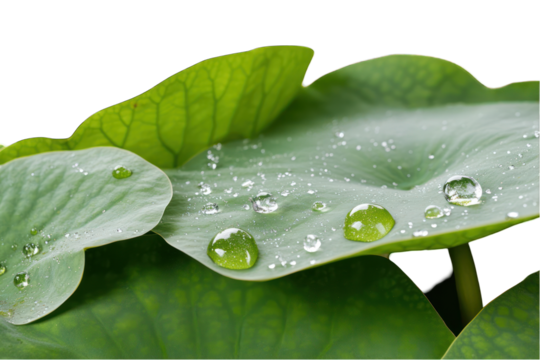 Green leaf with water droplets on transparent background