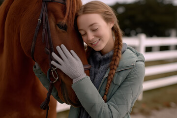 teen girl hugging horse tender equestrian friendship at stable warm country lifestyle