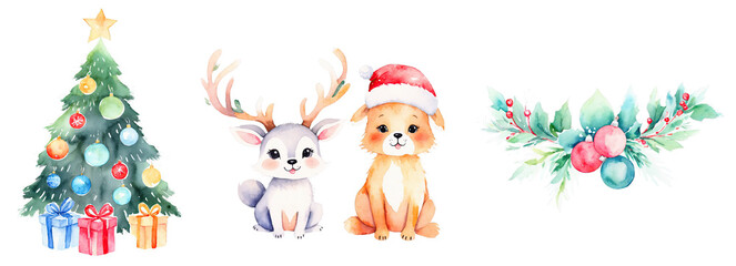 christmas tree decoration with santa claus xmas wreath isolated gifts presents garland wreath cute animals puppy reindeer ornaments blue red green holiday seasonal dog deer reindeer watercolor style