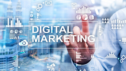 Digital Marketing Strategy and Data Analysis on Virtual Screen with Business Icons over Cityscape...