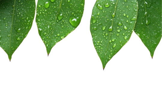 Green leaf with water droplets on transparent backdrop nature freshness