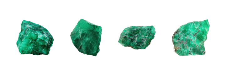Emerald Gemstone Collection. Natural Mineral Specimens Set Isolated On Transparent Background