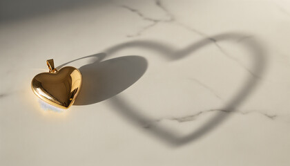 Obraz premium Golden heart pendant reflecting on glossy surface casting heart shadow, Valentine's Day, space for text