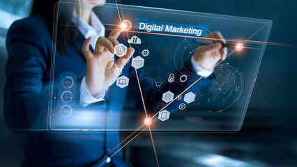 Businesswoman Using Futuristic Interface for Digital Marketing Strategy and Data Analysis
