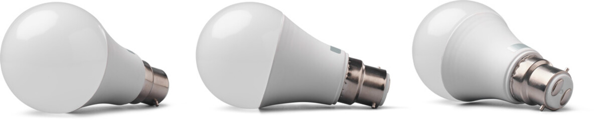 set of modern led light bulb with frosted diffuser, plastic body and b22 bayonet cap fitting isolated white background, concepts of energy efficiency and modern lighting technology