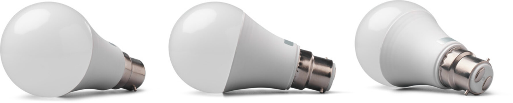 set of modern led light bulb with frosted diffuser, plastic body and b22 bayonet cap fitting isolated white background, concepts of energy efficiency and modern lighting technology