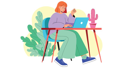 Vector art of a woman is sitting at a desk working on her laptop, surrounded by plants and a cactus, she is wearing a purple sweater and green pants