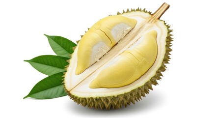 Fototapeta premium Cut durian, yellow flesh, and green leaves on a white background