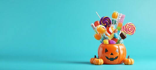 Fototapeta premium The Pumpkin Candy Bucket Filled With Colorful Lollipops And Halloween Treats On Turquoise Background