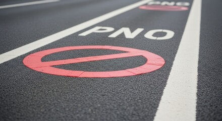 Dark asphalt with 'PNO' marking and red prohibited symbol
