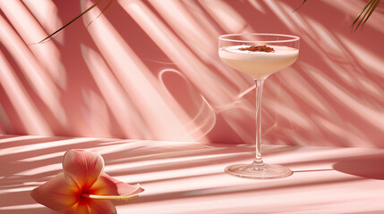 Elegant cocktail with floral decoration against a pink background in soft lighting