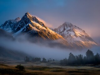 Fototapeta premium Sunrise illuminates misty snow capped mountains with golden light and rolling fog