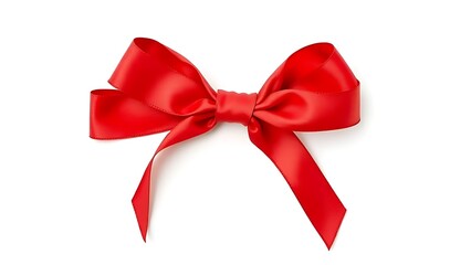 Fototapeta premium A single red satin ribbon tied in a bow, isolated on pure white, representing elegance and simplicity.