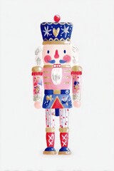 Colorful Watercolor Christmas Nutcracker Illustration, Festive Holiday Decor Element Ideal for Poster, Wallpaper and Seasonal Design Projects, Featuring Whimsical Pink Blue Golden Figurine with Artist