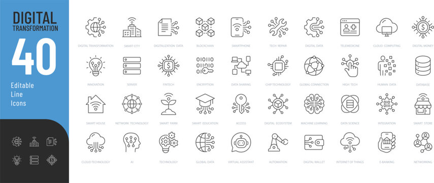 Digital Transformation Line Editable Icons set. Vector illustration in modern thin style of technology related icons: innovation, automation, software, and more. Isolated on transparent background.
