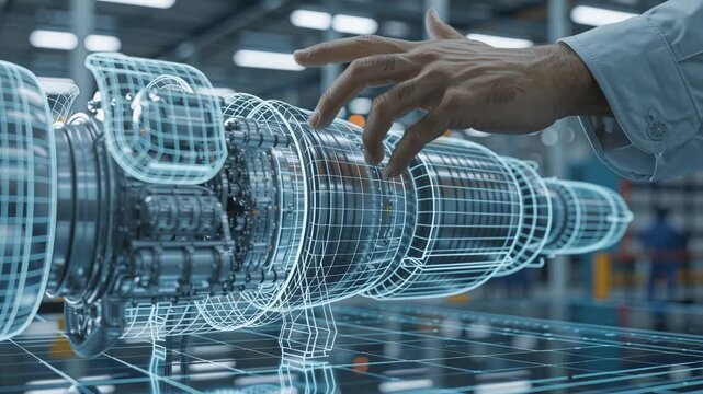 Engineer Hand Interacting with a 3D Hologram of a Jet Engine. industrial engineer hand manipulating a complex, glowing wireframe hologram of a jet engine or a complex piece of machinery.