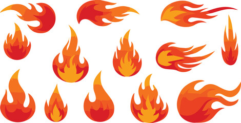 Collection of stylized cartoon fire flames in various shapes and sizes on a white background