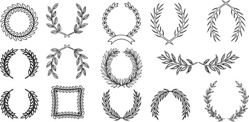 Hand Drawn Vintage Laurel Wreath and Botanical Frame Vector Set - Elegant Outline Nature Elements