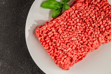 Raw minced meat beef pork ground meat natural product tasty snack fresh delicious gourmet food background on the table rustic top view copy space