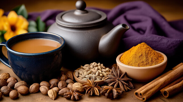 spiced tea with cinnamon and star anise cozy drink with teapot warm autumn mood