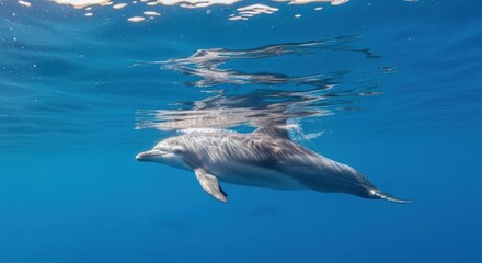 Fototapeta premium Dolphin swimming underwater, near surface and reflection