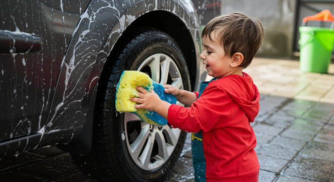 A happy young boy enthusiastically washes a car using a yellow sponge creating a fun outdoor activity for children enjoying the warm weather