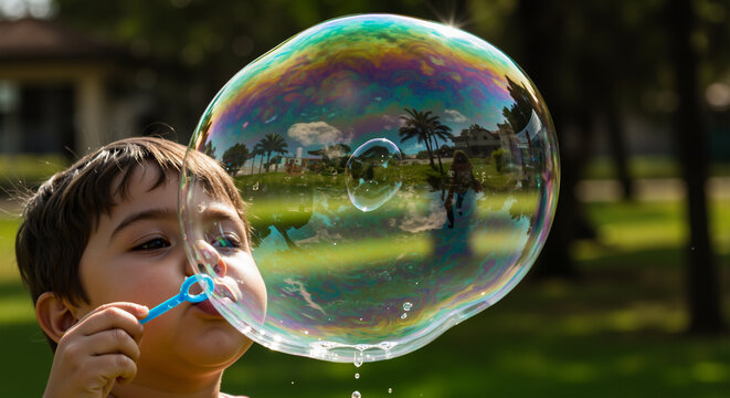 A Young Boy Joyfully Blows a Giant Iridescent Bubble Outdoors on a Sunny Day Surrounded by Lush Greenery - Powered by Adobe